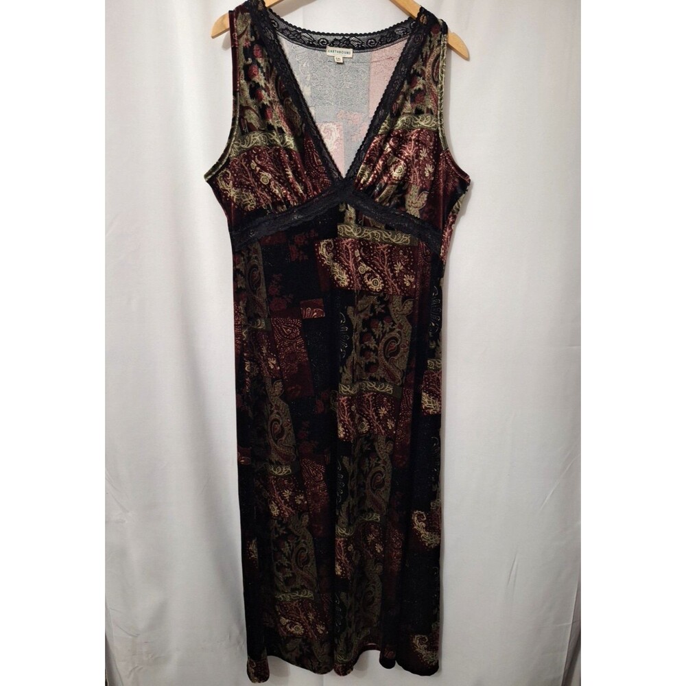 Earthbound Trading Paisley Velvet Lace Maxi Slip Dress Sz XXL Floral Gothic Boho